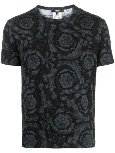 Versace Barocco Print Crewneck Undershirt In Black+grey
