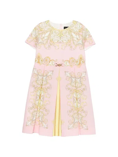 Versace Kids' Baroque-print Crew-neck Short-sleeve Dress In Pink