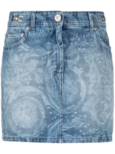 VERSACE BAROQUE-PRINT DENIM MINISKIRT