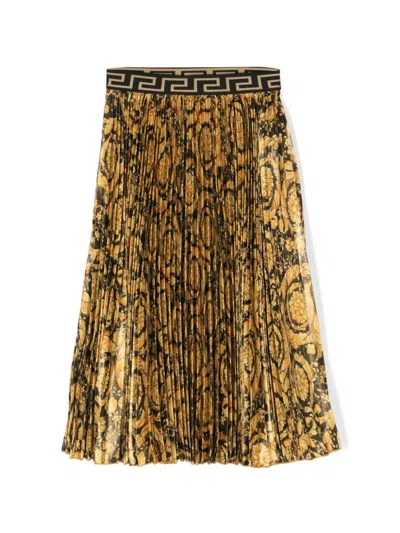 Versace Kids' Baroque-print Pleated Skirt In 5b000 Black/yellow