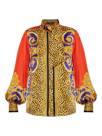 Versace Baroque-print Puff-sleeve Top In Yellow