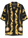 Versace Black Shirt With Cuban Collar And All-over Graphic Print In Silk Man In Black