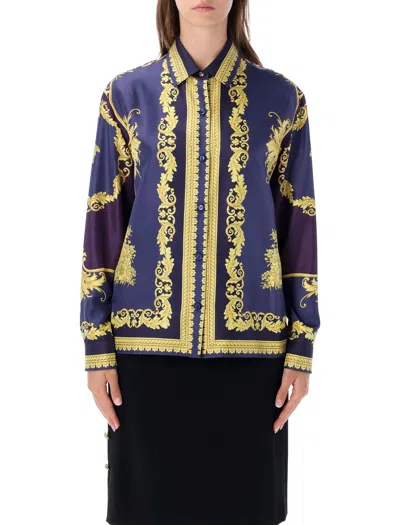 Versace Baroque Print Silk Button-up Shirt In Blue Multi
