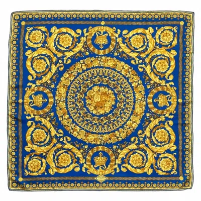 Versace Baroque-inspired Silk Scarf In Navy Blue And Gold
