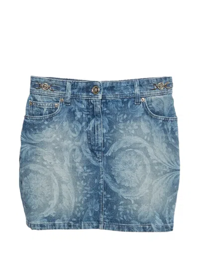 Pre-owned Versace Baroque-print Denim Skirt In Blue