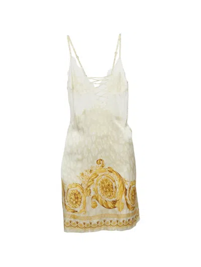 Pre-owned Versace Baroque-print Lace-trim Mini Dress In Neutral