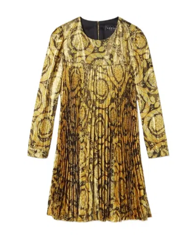 Versace Baroque-print Pleated Dress In Brown