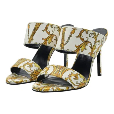 Pre-owned Versace Baroque-print Virtus V Stiletto Sandals Leather In White
