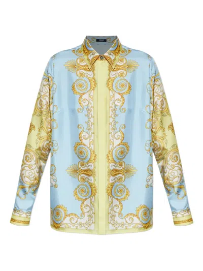 Versace Barocco Print Silk Shirt In Blue