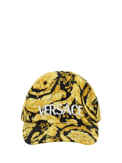 Versace Curved Visor Cotton Cap With Barocco Embroidery In Black/gold/black