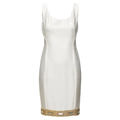 Versace Bead Clear Crystal Embellished Hem Shift Dress In White