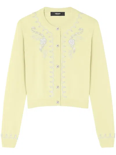 Versace Embroidered Cashmere Knit Cardigan In Yellow