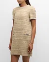 Versace Embellished Tweed Shift Dress In Taupe Ivory