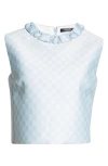 Versace Gingham Patterned Duchesse Blouse With Jeweled Neckline In Light Sand