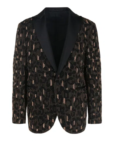 Versace Beaded Embellished Animal Patterned Blazer In Black