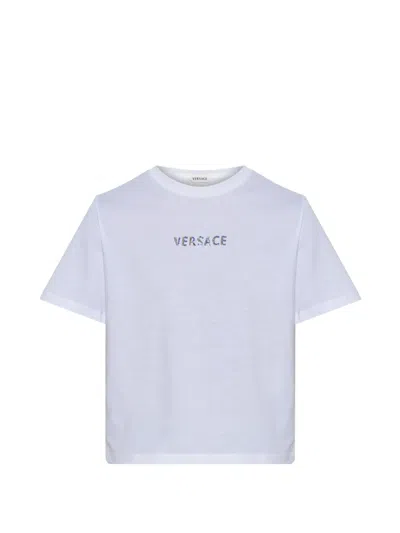 Versace Crystal Embellished Logo Cotton T-shirt In White