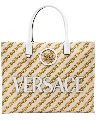 Pre-owned Versace Beige & Gold Canvas & Leather La Medusa Large Tote (authentic Pre-  Loved)