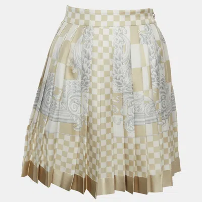 Pre-owned Versace Beige Barocco Checkerboard Silk Mini Skirt M In Sand