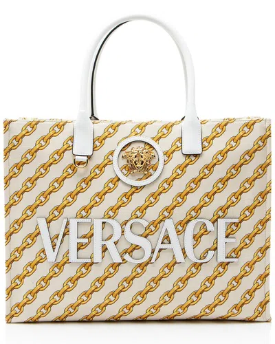 Pre-owned Versace Beige Canvas Chain Link La Medusa Large Tote (authentic Pre-loved)
