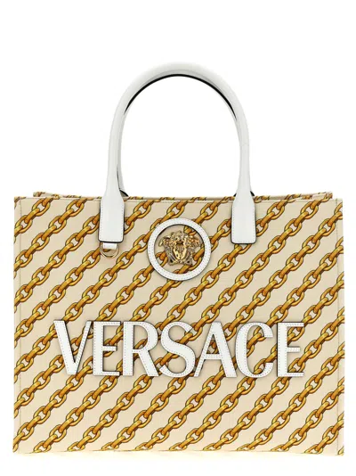 Versace Beige Chain Stripes La Medusa Small Tote