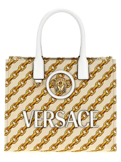 VERSACE WOMEN BEIGE CHAIN STRIPES LA MEDUSA SMALL TOTE, ONESIZE LUXURY TOTES FOR WOMEN DARVEYS