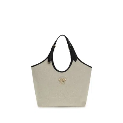 Versace Beige Cotton Shoulder Women's Bag In Sand