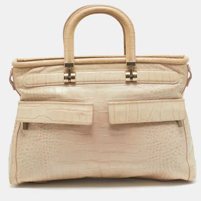 Pre-owned Versace Beige Croc Embossed Leather Front Pocket Shopper Tote
