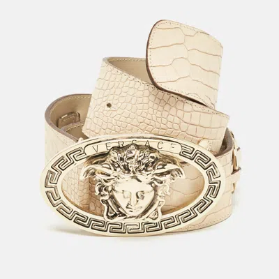 Pre-owned Versace Beige Croc Embossed Leather Medusa Chain Waist Belt 80cm