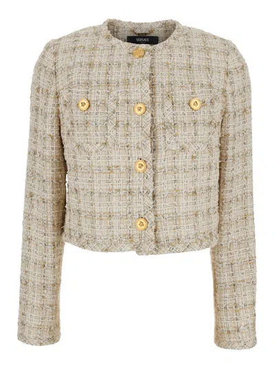 Versace Beige Cropped Jacket With Medusa Head Motif Button In Tweed Woman In Multi