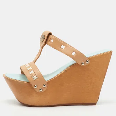 Pre-owned Versace Beige Leather Wood Platform Wedge Sandals Size 38