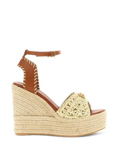 Versace Beige Platform Braided Raffia Flats In Multi
