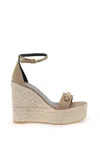 VERSACE BEIGE SATIN WEDGE SANDALS WITH CRYSTAL MEDUSA DETAIL FOR WOMEN