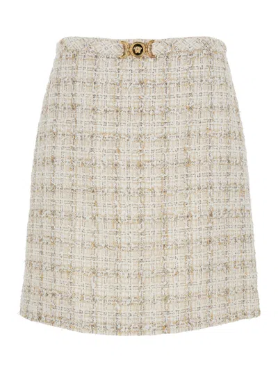 Versace Beige Skirt With Medusa Head Hook In Tweed Woman In Biscuit/white