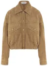 Versace Beige Suede Pointed Collar Elasticated Hem Jacket In Brown