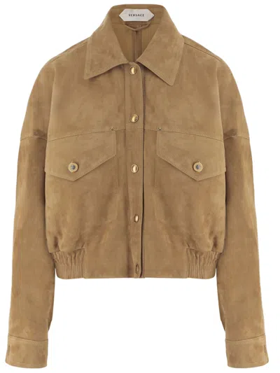 VERSACE BEIGE SUEDE POINTED COLLAR ELASTICATED HEM JACKET