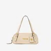 Versace Tag Bowling White Shoulder Bag With Metallic Logo Lettering And Medusa Head Pendant In Leather Woman In Sand