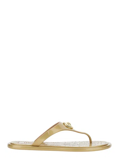 Versace Beige Thong Slided With Medusa Plaque On The Front And Laminated Design In Tech Fabric Woman
