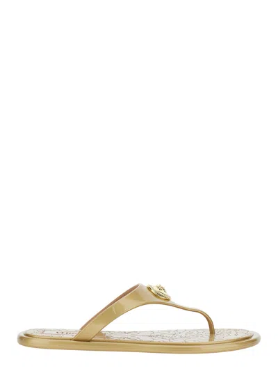 Versace Beige Thong Slided With Medusa Plaque On The Front And Laminated Design In Tech Fabric Woman