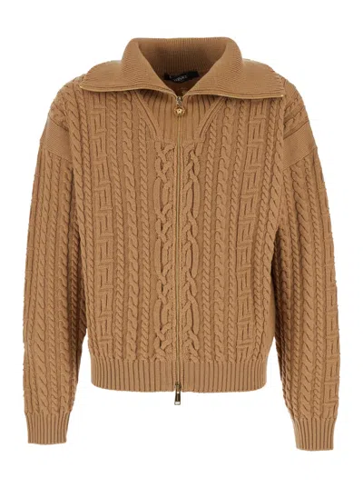 Versace Beige Turtleneck Sweater With Zip Closure And Medusa Head Embroidered On The Back In Virgin Wool Man In Neutral