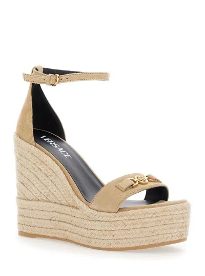 Versace Beige Wedges With Adjustable Buckle Closure And Medusa Plaque On The Front