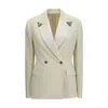 Versace Stretch Wool Blazer With Embroidered Lapels In Neutral