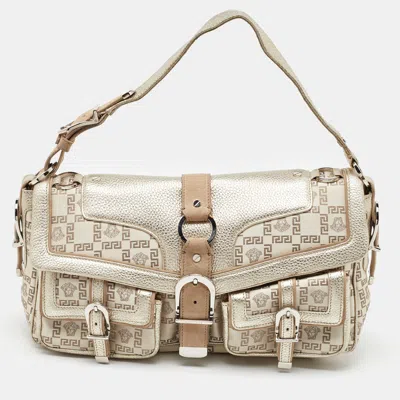 Pre-owned Versace Beige/metallic Signature Canvas And Leather Double Pocket Flap Bag In Sand