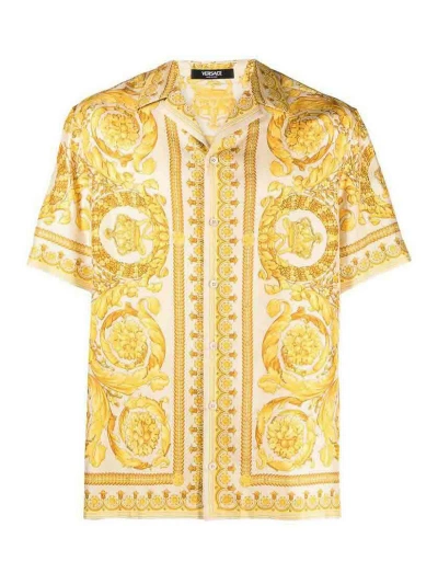 Versace Beigeyellow Signature Barocco Print Shirt In Yellow