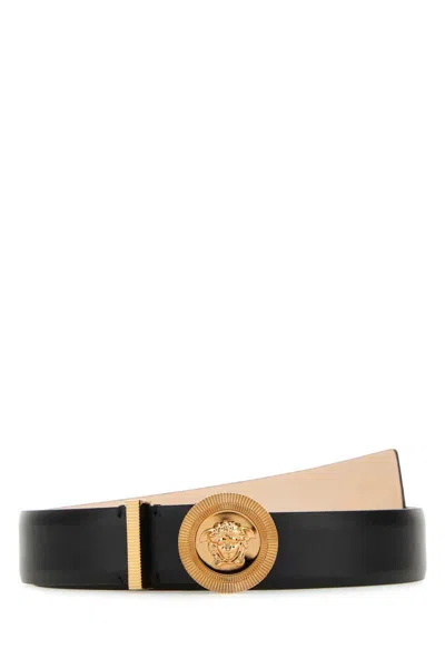 Versace Refined Smooth Leather Belt With Gold-tone Buckle In Black