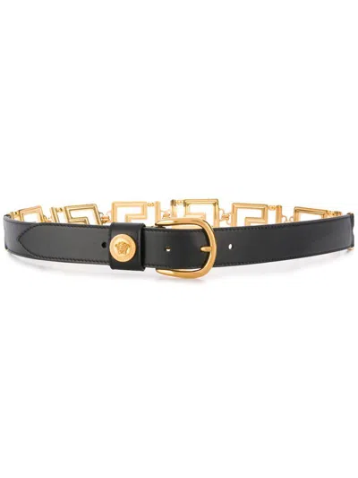 Versace Belt With Greek Key Buckle In Black