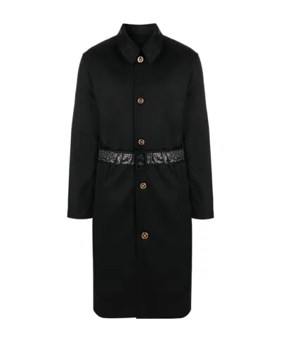 Versace Belted Cotton Coat In Black