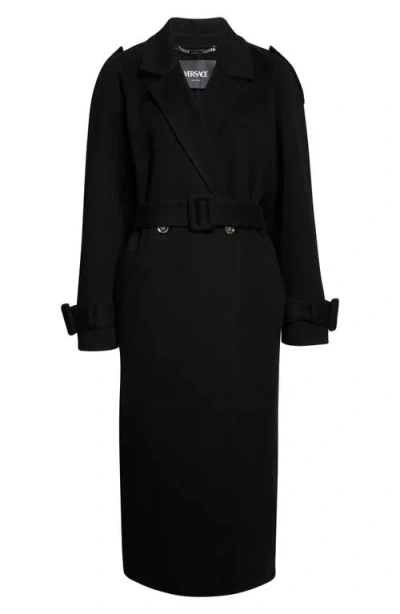 Versace Belted Double Breasted Virgin Wool & Cashmere Coat In Black