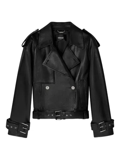 Versace Belted Leather Jacket In Black