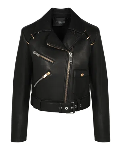 Versace Belted Leather Jacket In Black