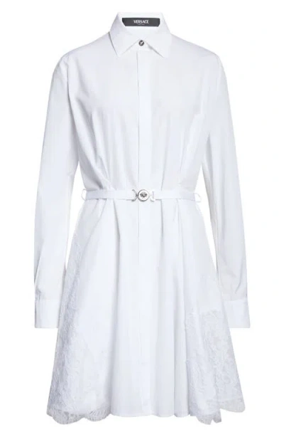 Versace Belted Long Sleeve Cotton Poplin Shirtdress In White